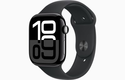 Apple Watch Series 10 GPS, 46 mm Aluminiumgehäuse Diamantschwarz, Sportarmband Schwarz – M/L